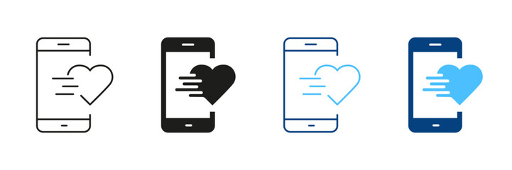 Poster - Like Button In Social Media App Line and Silhouette Icon Set. Smartphone With Heart Shape Pictogram. Notification Symbol. Online Communication Sign. Editable Stroke. Isolated Vector Illustration