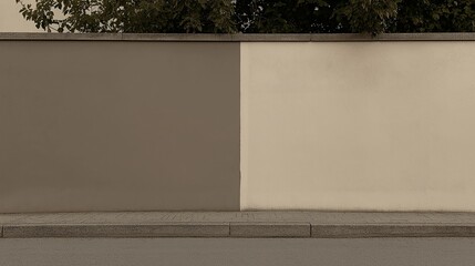 A blank wall split into two colors, grey and white, with a sidewalk in front and foliage above, symbolizing simplicity and contrast.