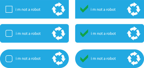 Poster - I m not a robot checkbox icons Set in Blue flat styles. Concepts technology human check verification hands, close up, ai. Vectors for websites and mobile apps isolated on transparent background.