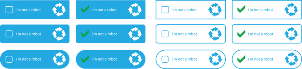 Poster - I m not a robot checkbox icons Set in Blue Flat, Line styles. Concepts technology human check verification hands, close up, ai. Vectors for websites and mobile apps isolated on transparent background.