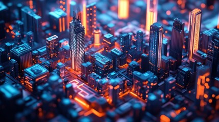 Wall Mural - A Miniature Cityscape with Glowing Towers and Streets