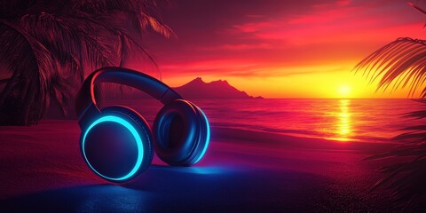 Headphones hanging in front of a sunset beach.