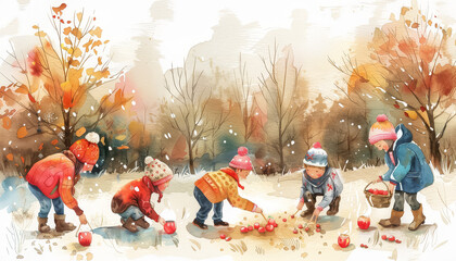 Wall Mural - A group of children are playing in the snow, with one of them holding a bucket