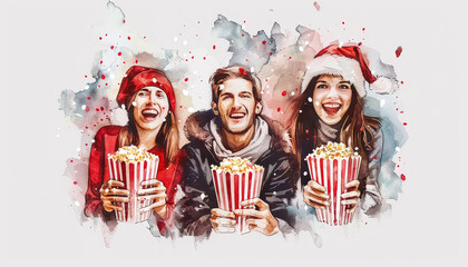 Wall Mural - A group of people are holding red and white popcorn and smiling