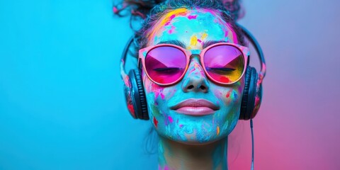 Wall Mural - A person with colorful paint on their face wearing headphones and sunglasses.