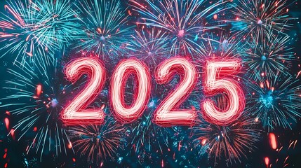 Wall Mural - An electrifying fireworks display brilliantly lights up the sky to ring in the year 2025, featuring an array of vibrant colors and patterns in a night time celebration.