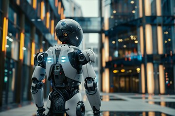 Poster - Cyberpunk  robot wearing a smart suit, infiltrating a corporate building, 3D render, created by ai