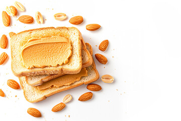 Peanut butter spread sandwiches isolated on white transparent background. Concept of simple and delicious snack