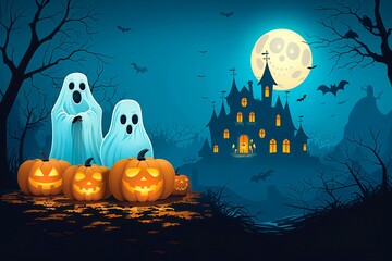 Wall Mural - Spooky Halloween night with ghosts, pumpkins, and a haunted house, copy space for text, website banner, halloween advertising, halloween poster