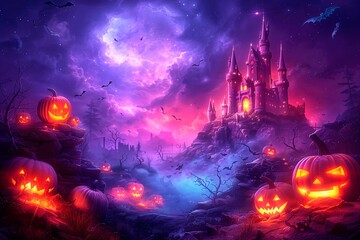 Wall Mural - Spooky Halloween night with glowing pumpkins and a haunted castle, copy space for text, website banner, halloween advertising, halloween poster