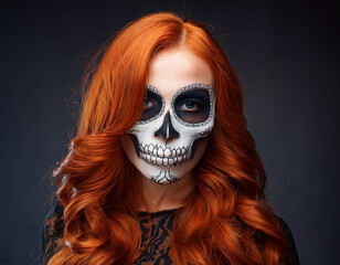 Portrait of Woman Wearing Skull and Bone Mask for Halloween or D?a de los Muertos Celebration