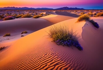 expansive sandy dunes bathed vibrant sunset sky rich hues purple creating stunning natural landscape, color, orange, pink, nature, beauty, light, texture