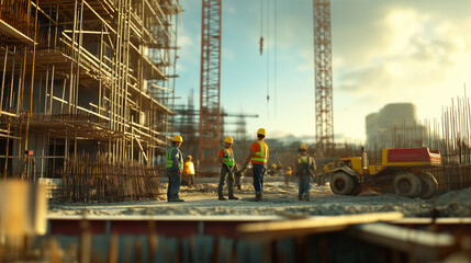 A group of construction workers wearing hard hats and safety vests, actively working on a construction