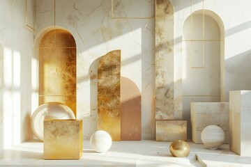 Poster - Geometric shapes in gold, silver, and bronze colors, with a white background, 3D render, created by ai