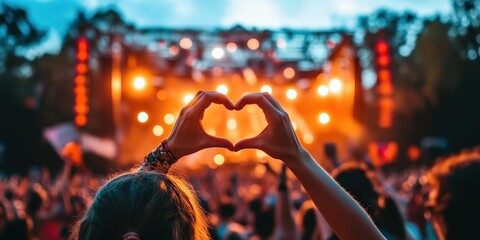 Wall Mural - A crowd at a concert with someone making a heart shape with their hands.