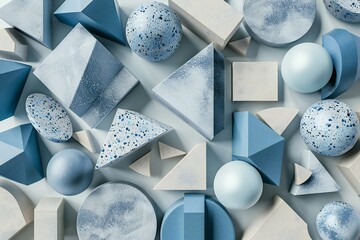 Sticker - Geometric shapes in slate blue, steel blue, and powder blue colors, with a white background, 3D render, created by ai