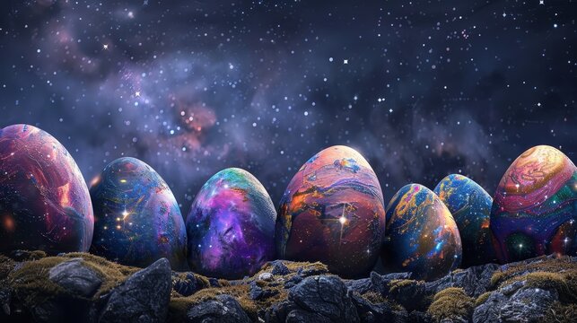 Picture an Easter background with a cosmic theme, featuring eggs decorated with galaxy patterns and stars against a night sky.