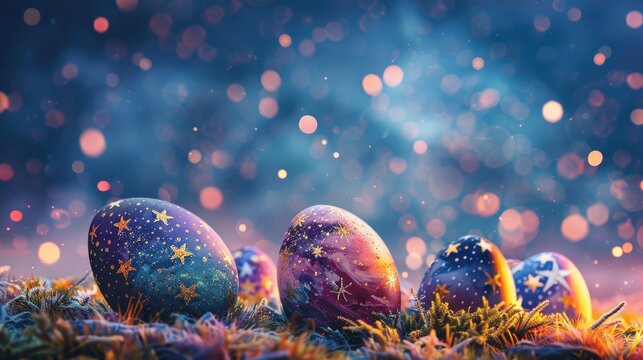 Picture an Easter background with a cosmic theme, featuring eggs decorated with galaxy patterns and stars against a night sky.
