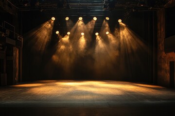 Wall Mural - An empty theater stage with dramatic lighting, featuring multiple spotlights that illuminate the stage floor. The atmosphere is set with a dark background, enhancing the focus on the stage area , ai