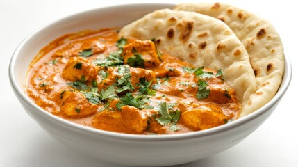 Canvas Print - A bowl of Indian chicken tikka masala with rich, creamy sauce and naan bread on the side, presented on a white background to emphasize the dish's rich flavors and colors.