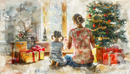 Wall Mural - A woman and a child are sitting on the floor in front of a Christmas tree