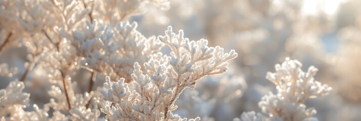 Sticker - A close-up of frost-covered branches illuminated by soft light, creating a serene and delicate winter atmosphere