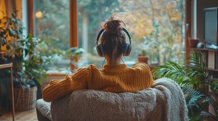 a person working with headphones on, seated in a cozy chair, soft background