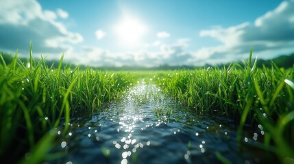 Poster - A Stream Through Lush Grass