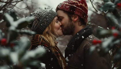 Sticker - A couple kissing in front of a Christmas tree