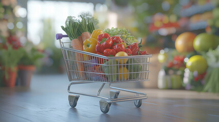 shopping cart with vegetables, shopping cart with vegetables, shopping cart may be filled with groceries or products. Items in the could include fresh produce,