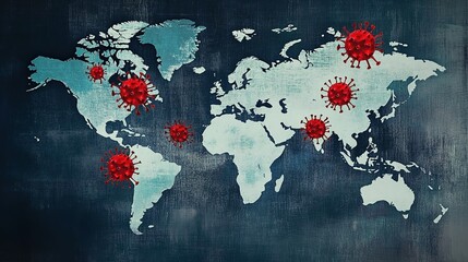 Global map showing the spread of an infectious disease, indicating a worldwide viral outbreak and pandemic. 