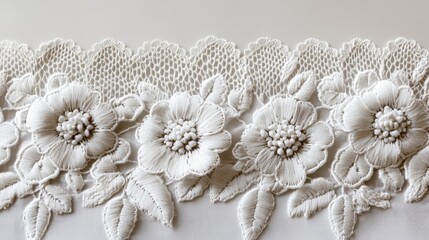 Exquisite white cotton lace embroidery presents elegant floral and leaf patterns. Delicate details, exquisite stitches, and clear lines create beautiful lace trims that are perfect for textile design