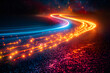© MicroTech - A mesmerizing capture of a dark, curved road illuminated by fiery light trails under a celestial sky