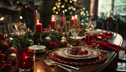 A table is set for a Christmas dinner with a large tree in the background