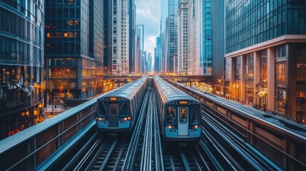 Poster - A busy cityscape featuring an electric train traveling through an elevated track, with skyscrapers and urban infrastructure in the background, capturing the integration of modern transit.
