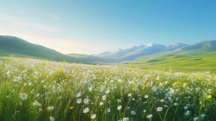 Poster - A calm, green meadow filled with wildflowers and gently swaying grasses, with a distant mountain range under a clear blue sky, capturing the essence of untouched nature.