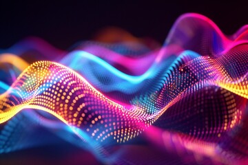 Poster - Abstract 3D render of neon light waves with dynamic movement and glowing colors , created ai