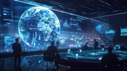 Poster - setting featuring a high-tech boardroom with a large digital globe and financial charts