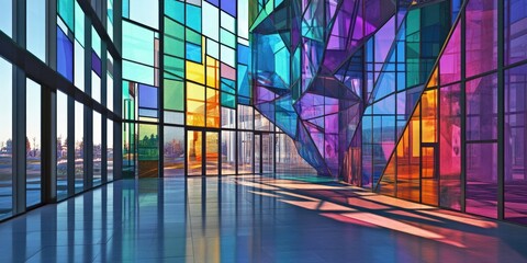 Poster - Abstract architectural interior featuring a blue purple and green geometric glass sculpture enhanced with black lines in a 3D rendering