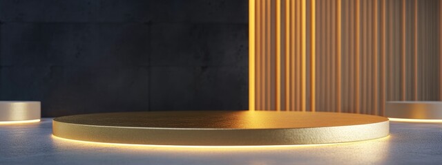 Poster - 3D rendering of an empty round gold shelf for exhibition backlit alongside other podiums