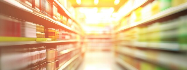Poster - 3D rendering of a blurred abstract background featuring a supermarket shelf