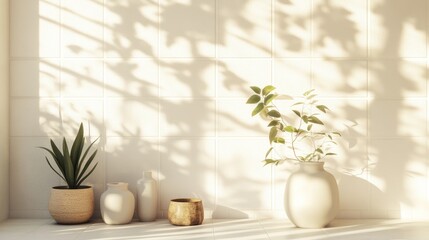 Poster - 3D rendering of assorted objects on a white tile background illuminated by warm sunlight