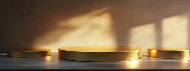 Wall Mural - 3D rendering of an empty round gold shelf for exhibition backlit alongside other podiums