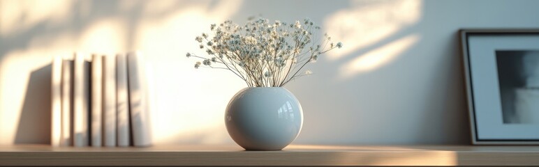 Sticker - 3D rendering of an interior design featuring a floral composition with immortelle twigs arranged in a sphere shaped porcelain vase with a narrowed neck complemented by a blurred background of a wa