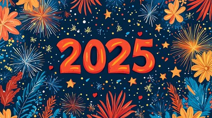 Wall Mural - A festive celebration welcoming the year 2025, featuring vibrant fireworks and colorful decorations against a dark night sky, symbolizing joy, festivity, and new beginnings.