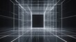 © ArtificialHorizons - 3D rendering of an empty futuristic digital wall box set against a grey black background featuring a white grid space line surface depicting network cyber technology elements