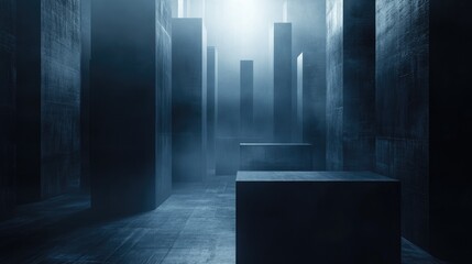 Poster - 3D rendering of an abstract background featuring smooth high rise buildings constructed from dark concrete illuminated at night