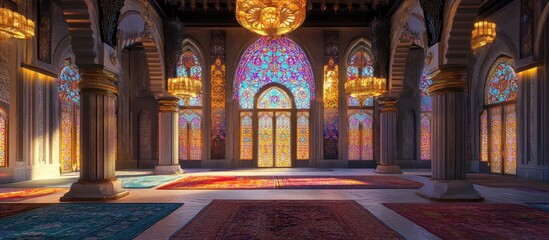 Poster - 3D rendering of a mosque interior featuring intricate designs and vibrant colors