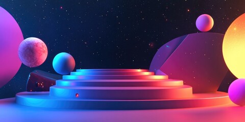 Aufkleber - Fashionable and beautiful multi stage composition in a 3D cartoon rendering with a space background
