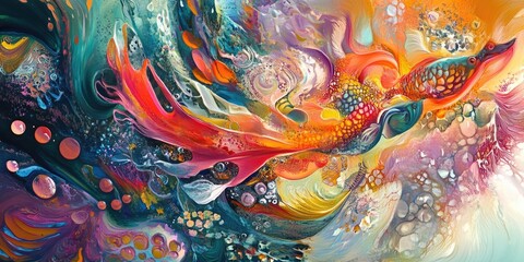 Poster - 3D rendering of an abstract painting on silk featuring vibrant fish and various elements Original hand painted artwork
